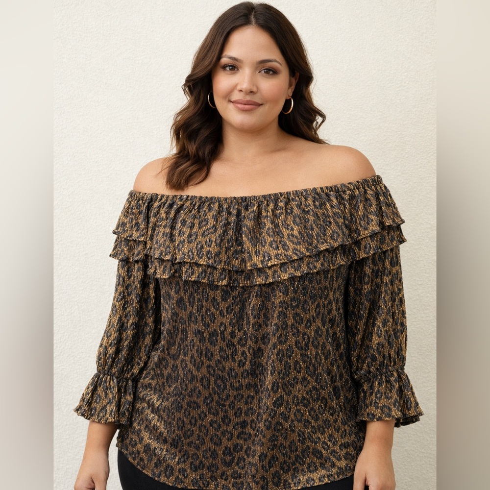 Michael Kors Leopard Print Ruffle Off The Shoulder Long Sleeve Blouse
